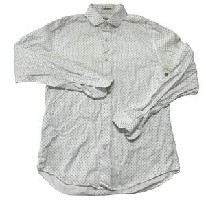 Express Mens Button Up Shirt L Green White Polka Dots Cotton Extra Slim Fit FLAW